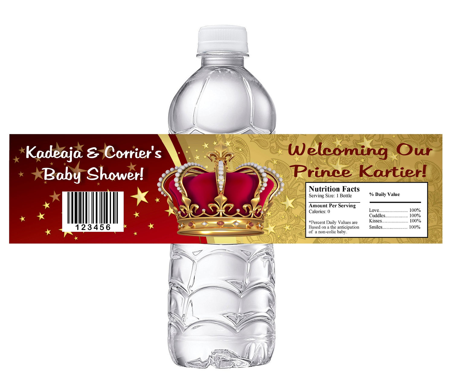 Red and Gold Prince Crown Baby Shower Party Favors Water Bottle Labels Ideas Supplies Decor