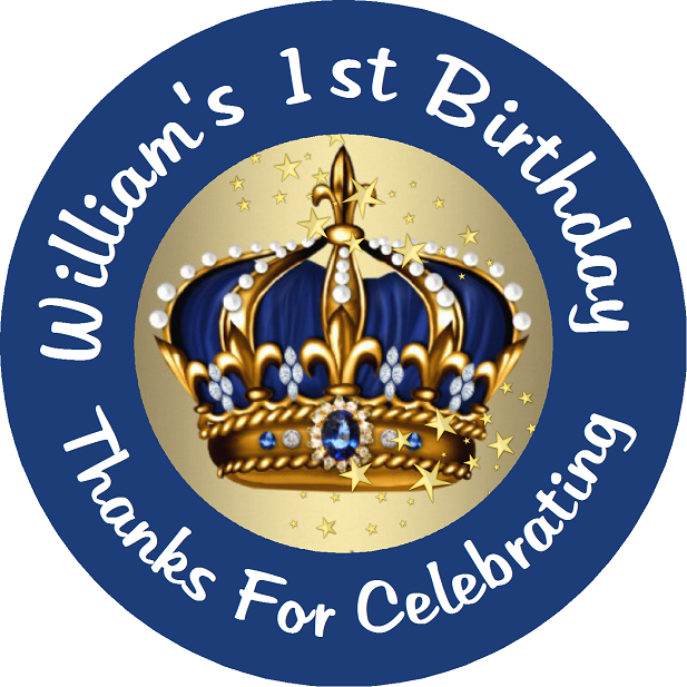 Navy Blue and Gold Royal Prince Crown Birthday Party Favors Personalized Round Stickers Supplies Labels ideas