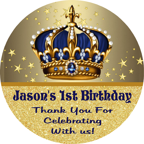 Navy Blue and Gold Royal Prince Crown Birthday Party Favors Personalized Round Stickers Supplies Labels ideas