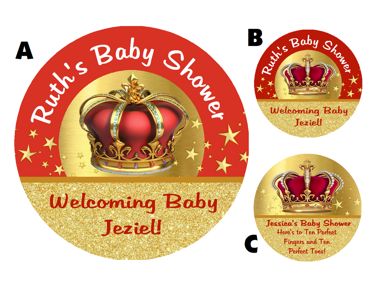 Party Favors Red and Gold Prince King Crown Personalized Baby Shower Round  Stickers  Supplies Labels