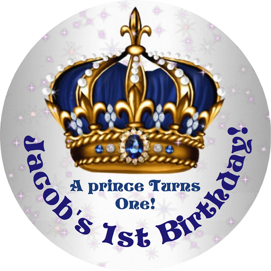 Navy Blue White Gold and Silver Royal Prince Crown Birthday Party Favors Personalized Round Stickers Supplies Labels ideas