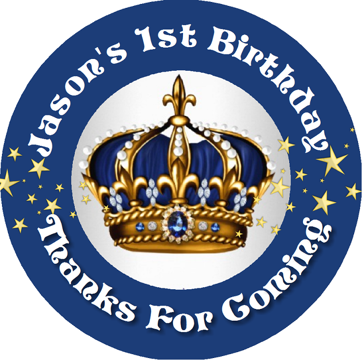 Navy Blue White Gold and Silver Royal Prince Crown Birthday Party Favors Personalized Round Stickers Supplies Labels ideas