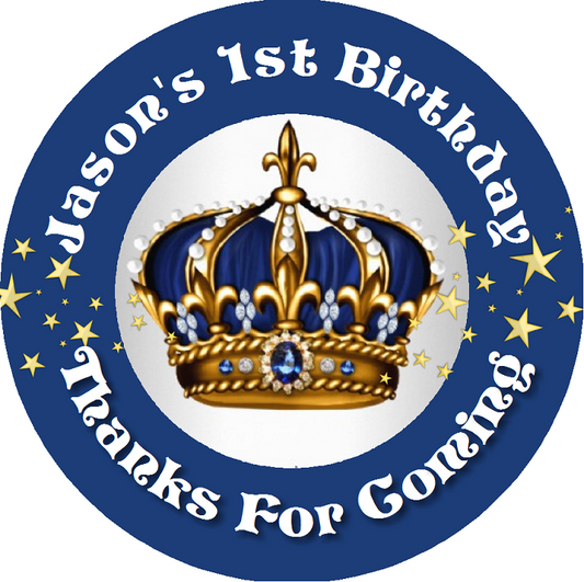 Navy Blue White Gold and Silver Royal Prince Crown Birthday Party Favors Personalized Round Stickers Supplies Labels ideas