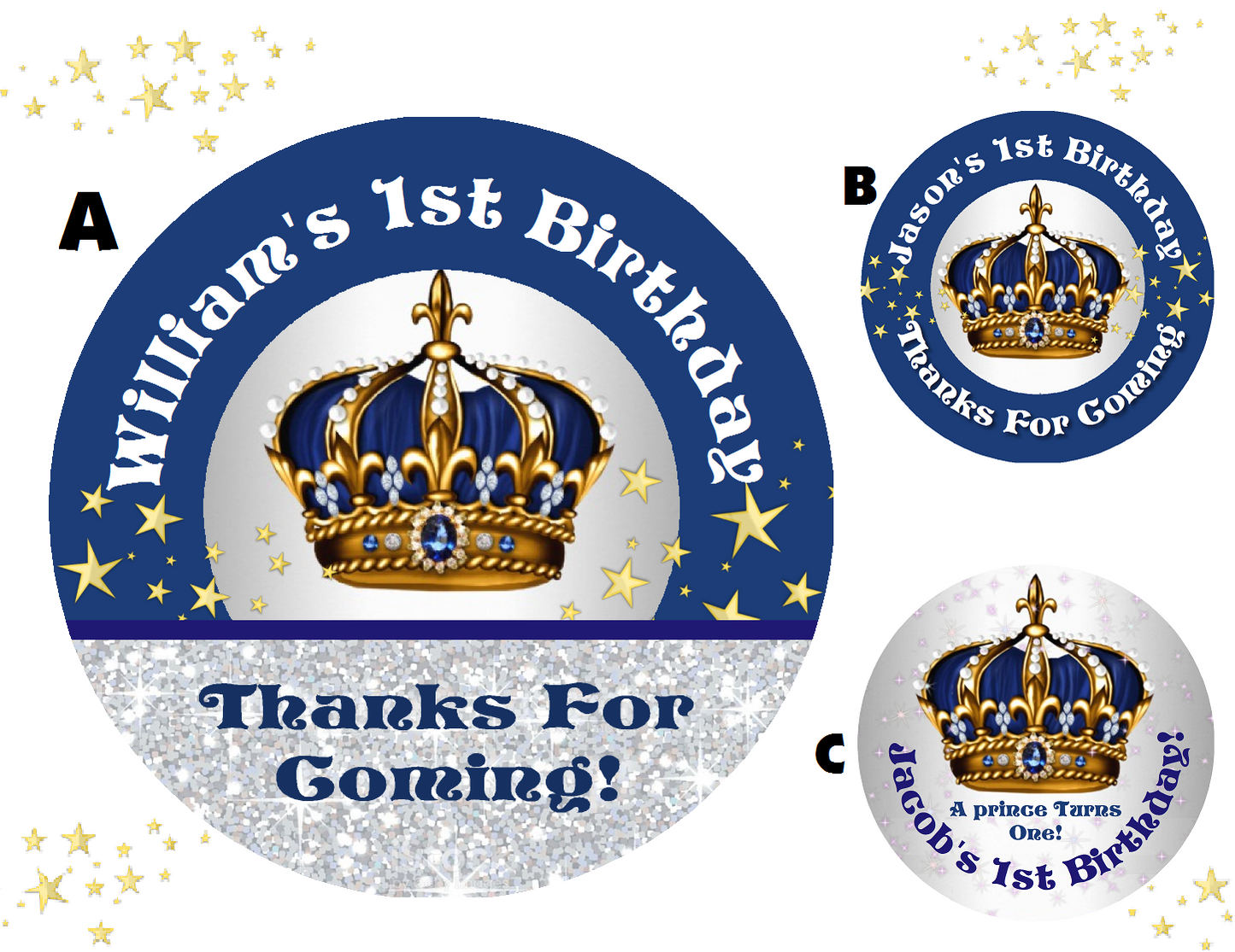 Navy Blue White Gold and Silver Royal Prince Crown Birthday Party Favors Personalized Round Stickers Supplies Labels ideas