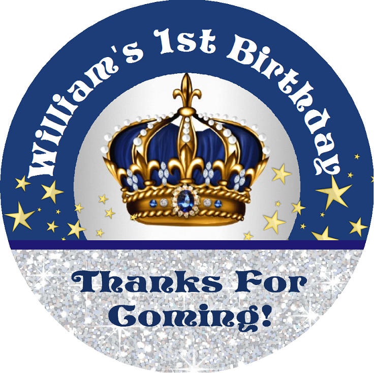 Navy Blue White Gold and Silver Royal Prince Crown Birthday Party Favors Personalized Round Stickers Supplies Labels ideas