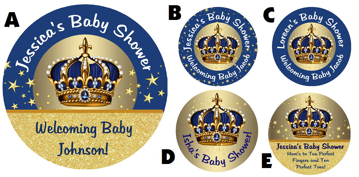 Navy Blue and Gold Royal Prince Crown Personalized Baby Shower Round  Stickers  Supplies Labels