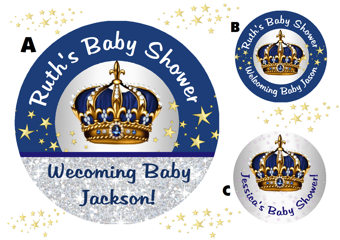 Navy Blue White Gold and Silver Royal Prince Crown Personalized Baby Shower Round  Stickers  Supplies Labels