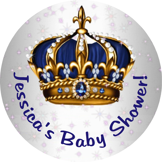 Navy Blue White Gold and Silver Royal Prince Crown Personalized Baby Shower Round  Stickers  Supplies Labels