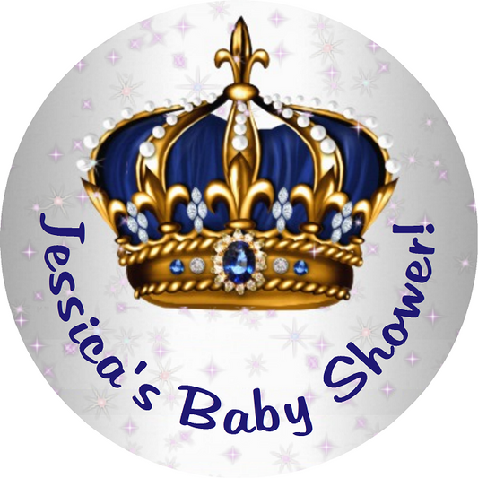 Navy Blue White Gold and Silver Royal Prince Crown Personalized Baby Shower Round  Stickers  Supplies Labels