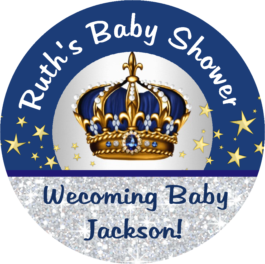 Navy Blue White Gold and Silver Royal Prince Crown Personalized Baby Shower Round  Stickers  Supplies Labels