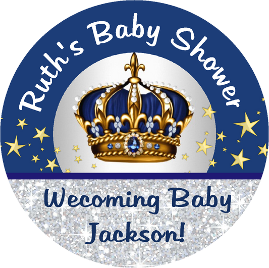 Navy Blue White Gold and Silver Royal Prince Crown Personalized Baby Shower Round  Stickers  Supplies Labels