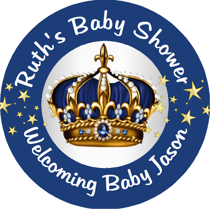 Navy Blue White Gold and Silver Royal Prince Crown Personalized Baby Shower Round  Stickers  Supplies Labels