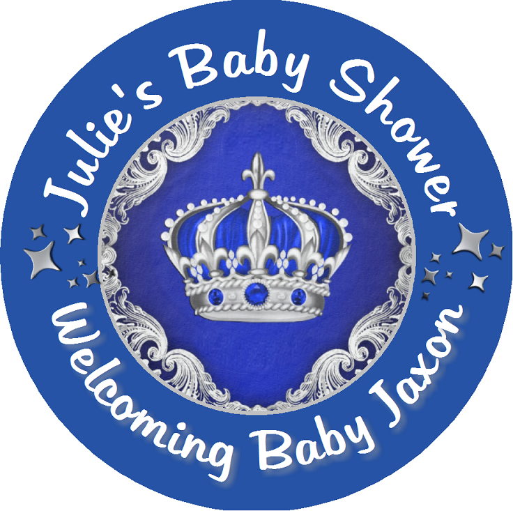 Navy Blue White and Silver Royal Prince Crown Personalized Baby Shower Round  Stickers  Supplies Labels