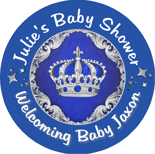 Navy Blue White and Silver Royal Prince Crown Personalized Baby Shower Round  Stickers  Supplies Labels