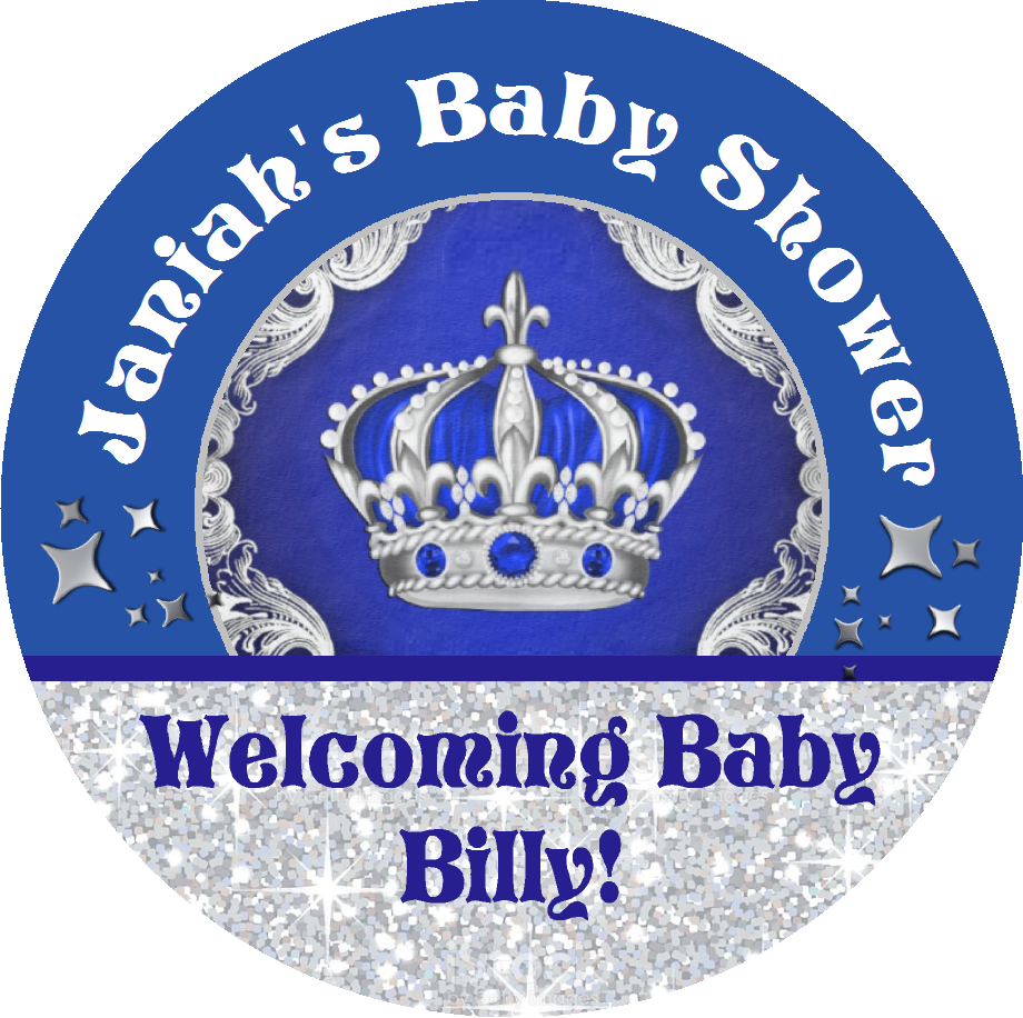 Navy Blue White and Silver Royal Prince Crown Personalized Baby Shower Round  Stickers  Supplies Labels