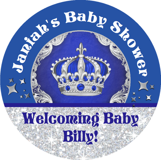 Navy Blue White and Silver Royal Prince Crown Personalized Baby Shower Round  Stickers  Supplies Labels