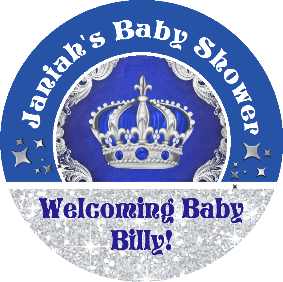 Navy Blue White and Silver Royal Prince Crown Personalized Baby Shower Round  Stickers  Supplies Labels