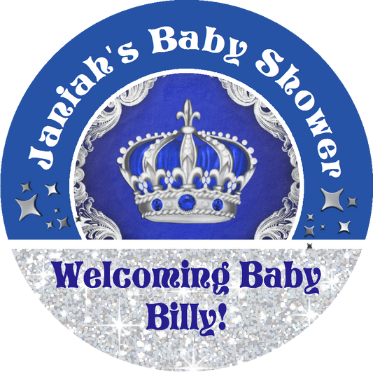 Navy Blue White and Silver Royal Prince Crown Personalized Baby Shower Round  Stickers  Supplies Labels