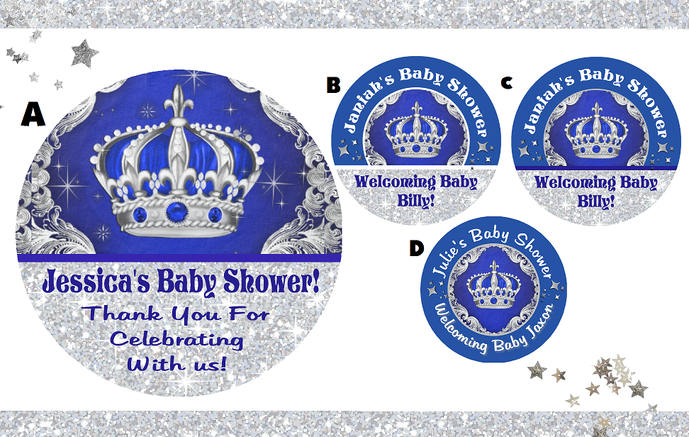 Navy Blue White and Silver Royal Prince Crown Personalized Baby Shower Round  Stickers  Supplies Labels