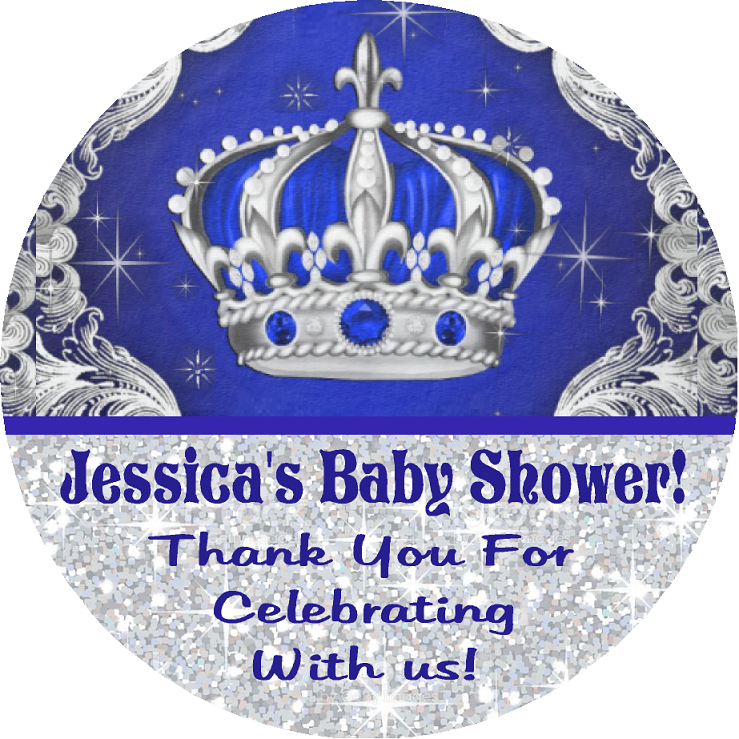 Navy Blue White and Silver Royal Prince Crown Personalized Baby Shower Round  Stickers  Supplies Labels