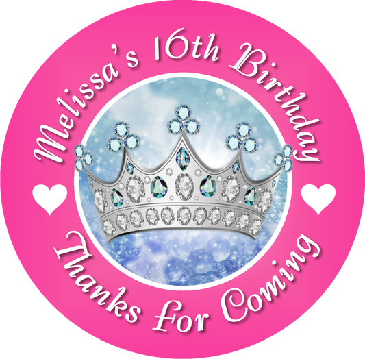 Princess Crown Tiara Pink Blue Silver Birthday Party Favors Personalized Round Stickers Supplies Labels ideas