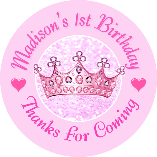 Princess Crown Tiara Pink Birthday Party Favors Personalized Round Stickers Supplies Labels ideas