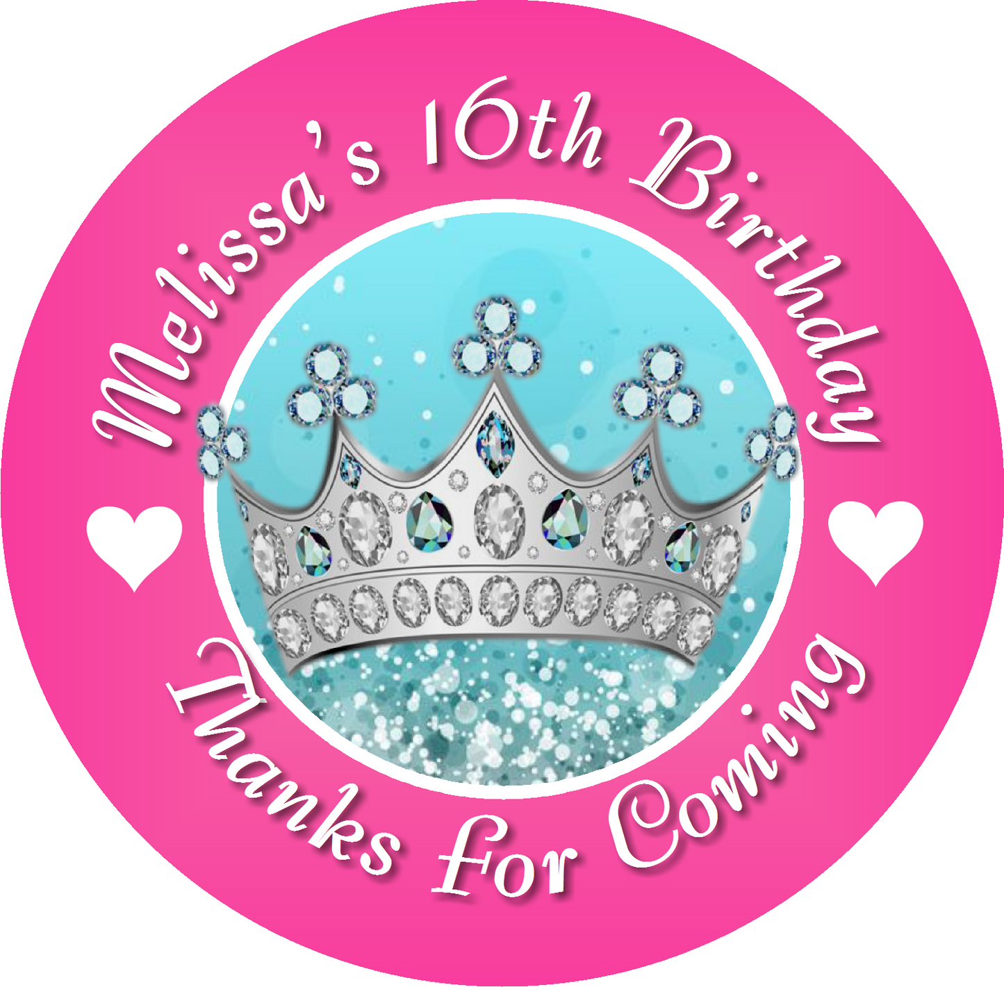 Party Favors Princess Crown Tiara Blue Hot Pink Silver Personalized Birthday Round  Stickers  Supplies Labels