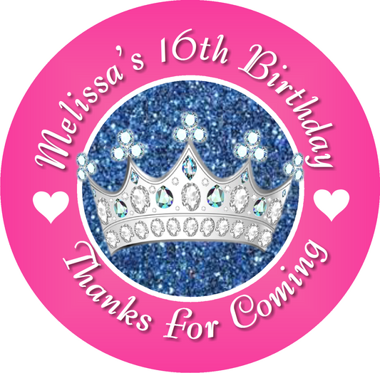 Party Favors Princess Crown Tiara Blue Hot Pink Silver Personalized Birthday Round  Stickers  Supplies Labels