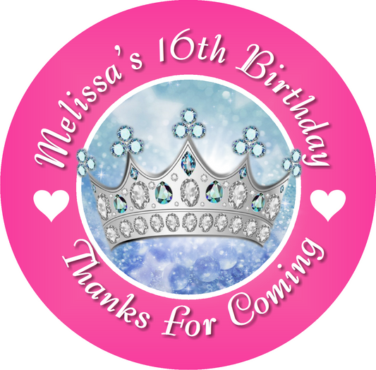 Party Favors Princess Crown Tiara Blue Hot Pink Silver Personalized Birthday Round  Stickers  Supplies Labels