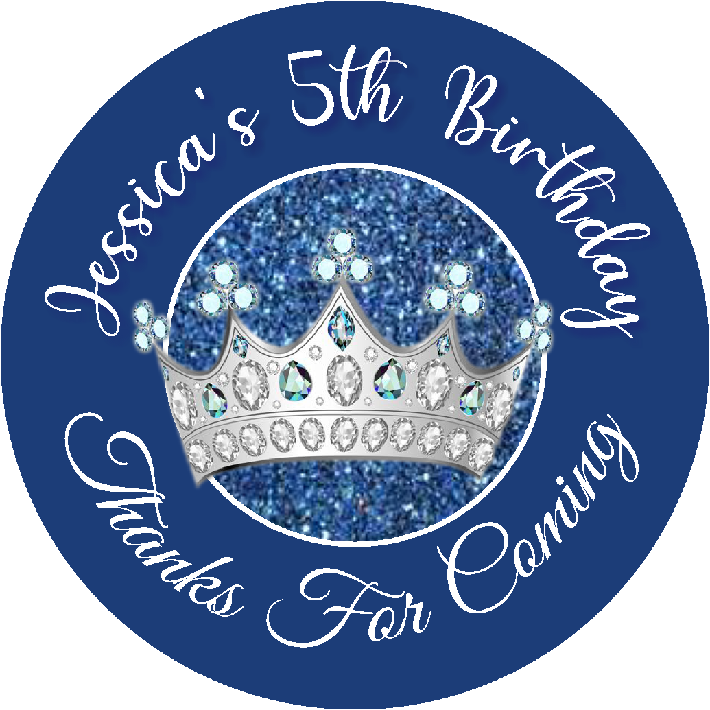 Princess Crown Tiara Navy Blue and Silver Birthday Party Favors Personalized Round Stickers Supplies Labels ideas