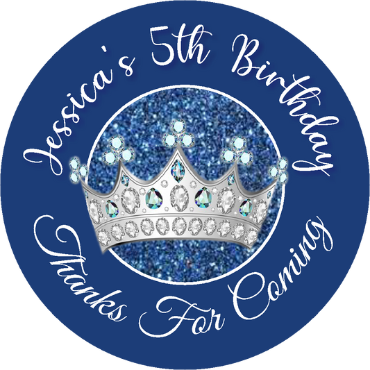 Princess Crown Tiara Navy Blue and Silver Birthday Party Favors Personalized Round Stickers Supplies Labels ideas