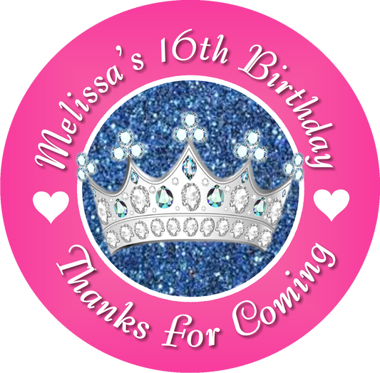 Princess Crown Tiara Pink Blue Silver Birthday Party Favors Personalized Round Stickers Supplies Labels ideas