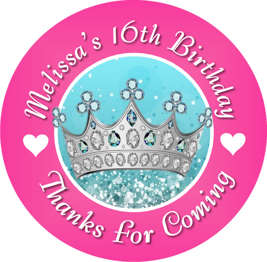 Princess Crown Tiara Pink Teal Turquoise Blue Silver Birthday Party Favors Personalized Round Stickers Supplies Labels ideas