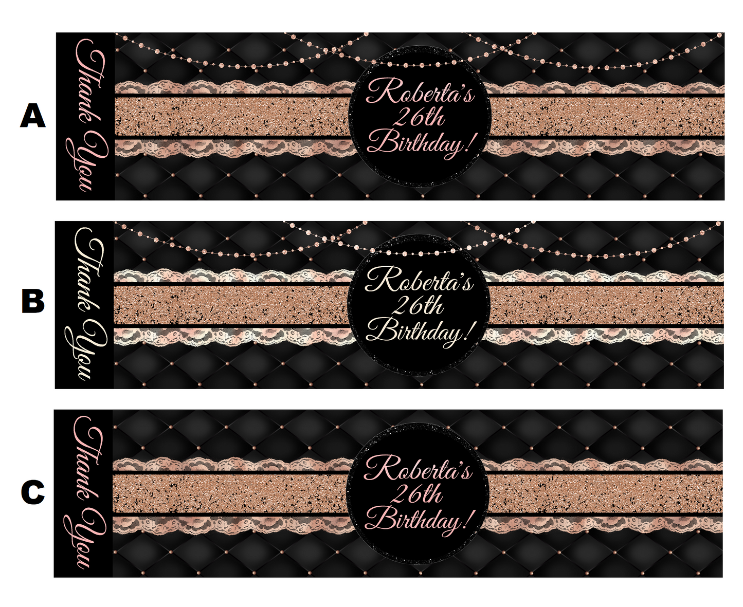 Sexy Black and Rose Gold Glitter Dusty Rose Pink Party Favors Birthday Water Bottle Labels Wrappers Supplies Personalized ideas decor Unique