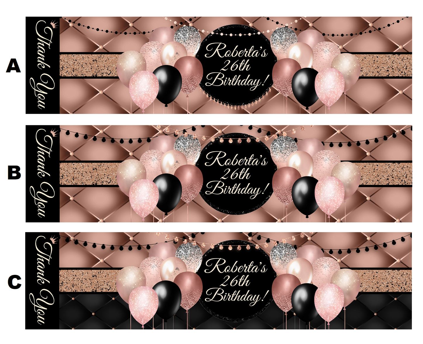 Sexy Black and Rose Gold Glitter Dusty Rose Pink Ballons Party Favors Birthday Water Bottle Labels Wrappers Supplies Personalized ideas decor Unique