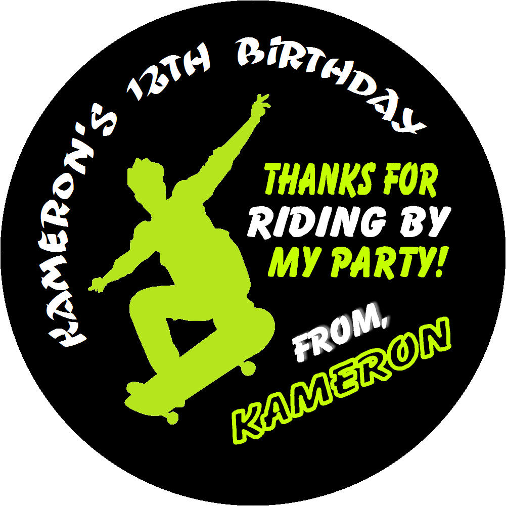 Party Favors SkateBoarder  Skater Skateboard Green & Black Personalized Birthday Round  Stickers  Supplies Labels