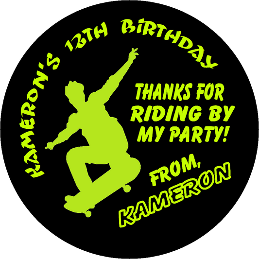 Party Favors SkateBoarder  Skater Skateboard Green & Black Personalized Birthday Round  Stickers  Supplies Labels