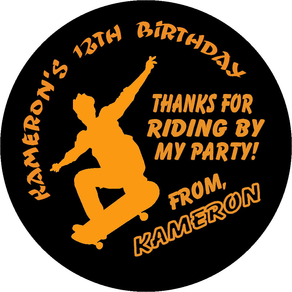 Party Favors SkateBoarder Skater Skateboard Orange & Black Personalized Birthday Round  Stickers  Supplies Labels