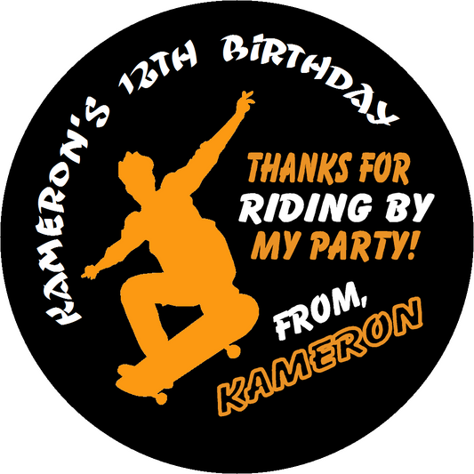 Party Favors SkateBoarder Skater Skateboard Orange & Black Personalized Birthday Round  Stickers  Supplies Labels