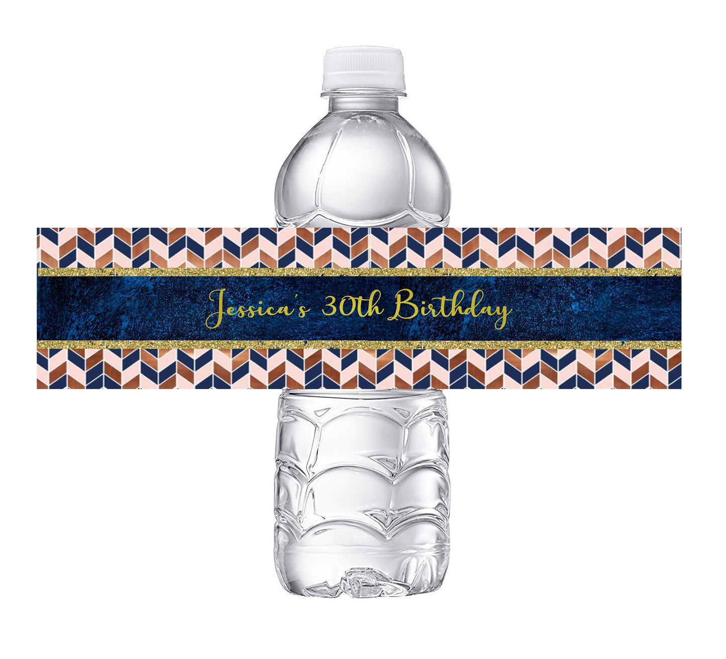 Rose gold and Navy Blue Birthday Party Favors Water Bottle Labels Ideas Supplies Decor