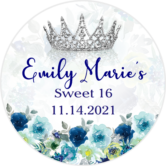 Party Favors Princess Crown Tiara Silver White and Blue Floral Personalized any age Birthday Round  Stickers  Supplies Labels