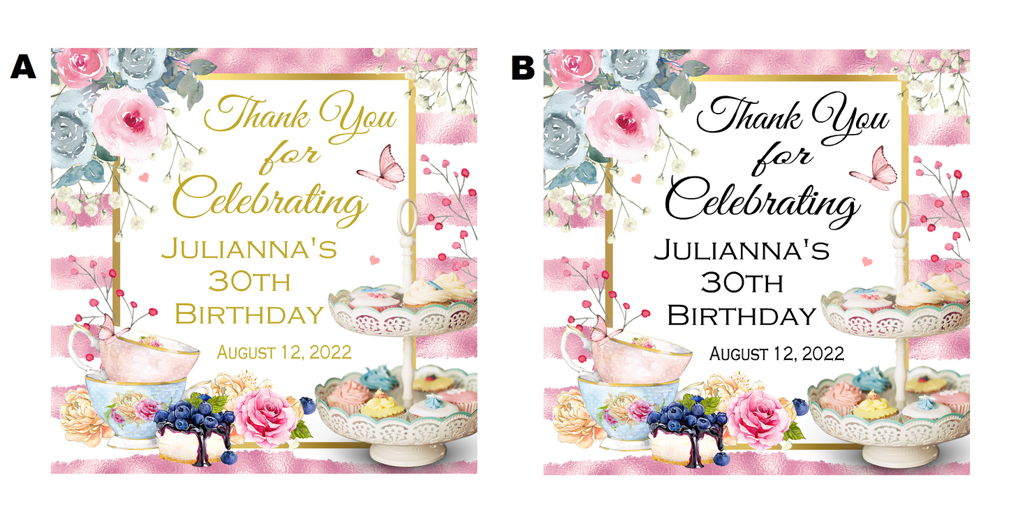 Watercolor Floral Tea Party Stickers Labels Flowers Striped Personalized Square Birthday Party Wedding Bridal Shower Favors Supplies ideas