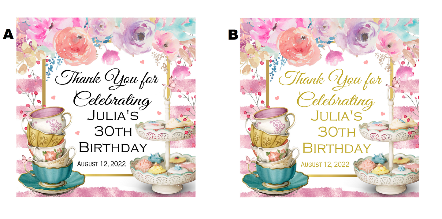 Watercolor Floral Tea Party Stickers Labels Flowers Striped Personalized Square Birthday Party Wedding Bridal Shower Favors Supplies ideas