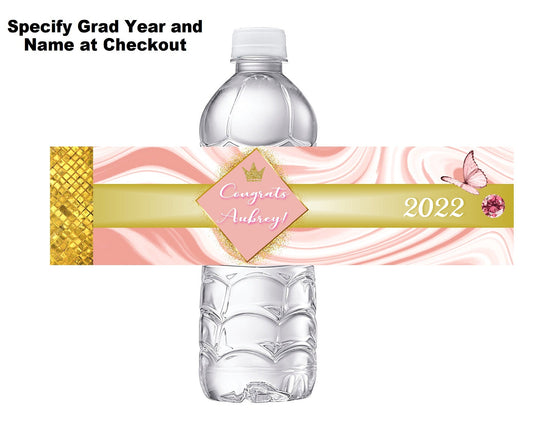 Rose Gold White and Pink Graduation Party Favors Water Bottle Labels Ideas Supplies Decor