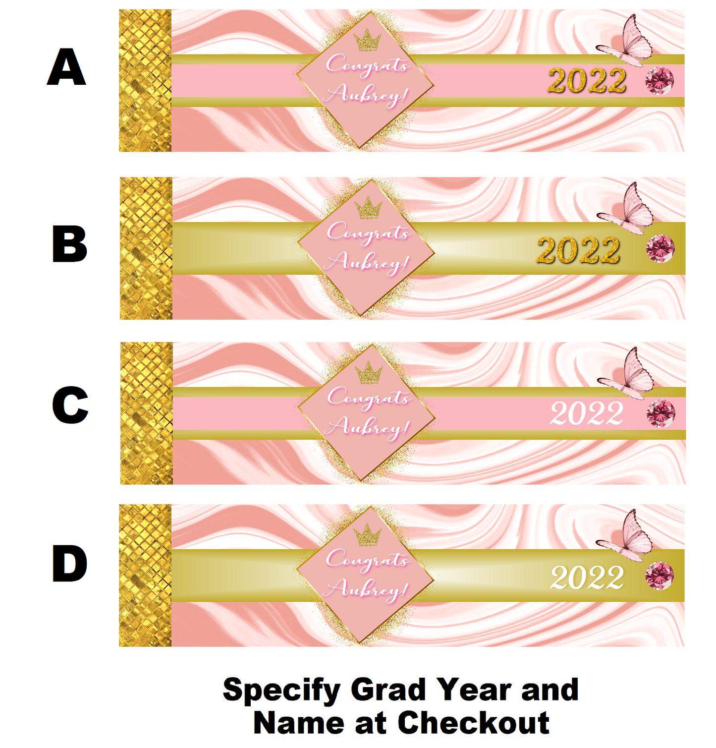 Dusty Rose Pink and Gold Marble Butterfly Graduation Party Favors Water Bottle Labels Wrappers Supplies Personalized Unique ideas decor