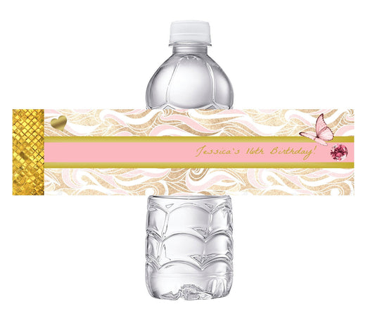 Dusty Rose Gold and White Birthday Party Favors Water Bottle Labels Ideas Supplies Decor