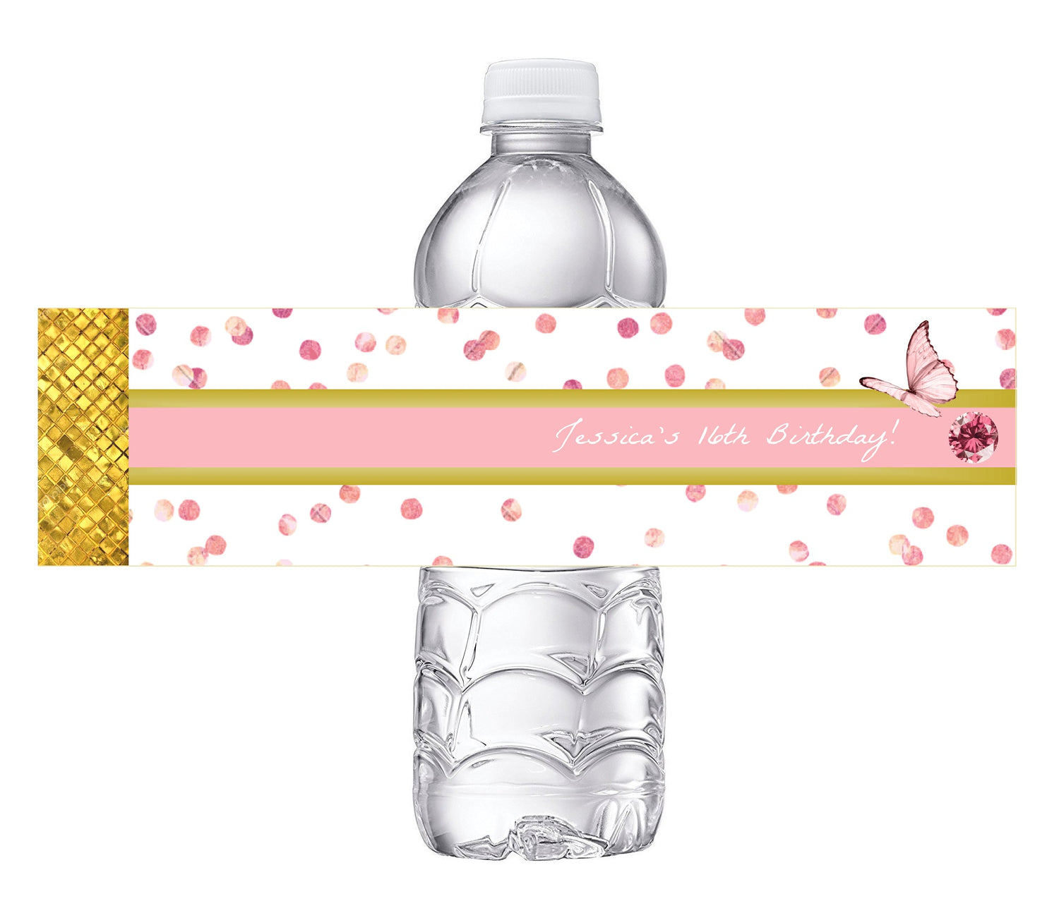 Dusty Rose Gold and White Birthday Party Favors Water Bottle Labels Ideas Supplies Decor