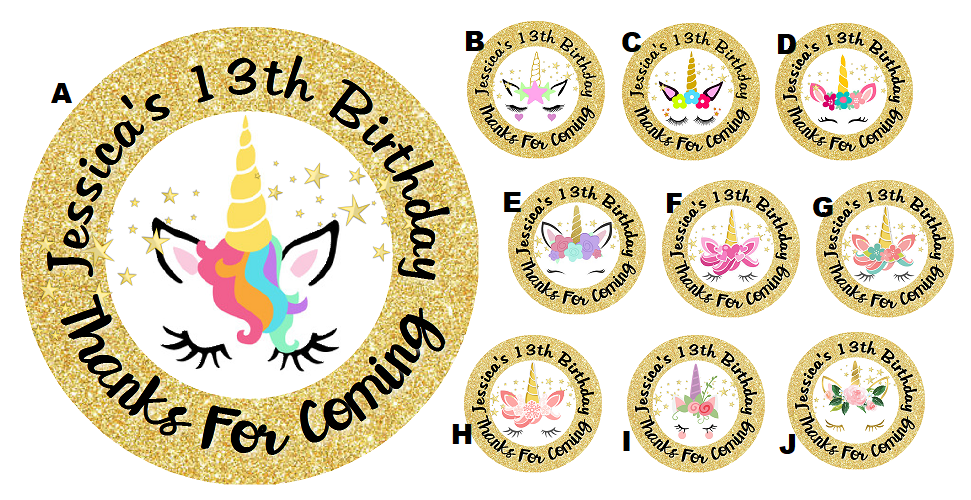 Unicorn Face Gold Glitter Eyelashes Birthday Party Favors Personalized Round Stickers Supplies Labels ideas