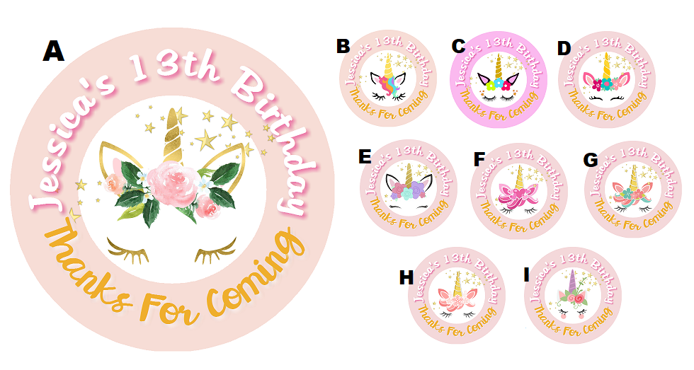 Unicorn Face Rose Gold Pink Eyelashes Birthday Party Favors Personalized Round Stickers Supplies Labels ideas