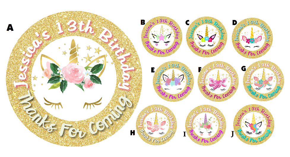 Unicorn Face Gold Glitter Eyelashes Birthday Party Favors Personalized Round Stickers Supplies Labels ideas